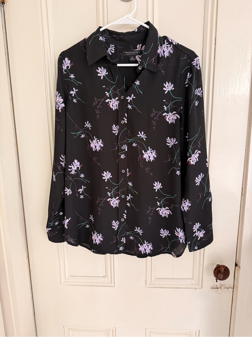 Banana Republic Black Button-Down Top with Lavender Floral Print
